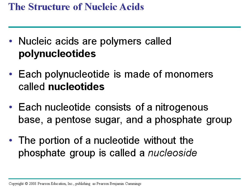 The Structure of Nucleic Acids Nucleic acids are polymers called polynucleotides Each polynucleotide is